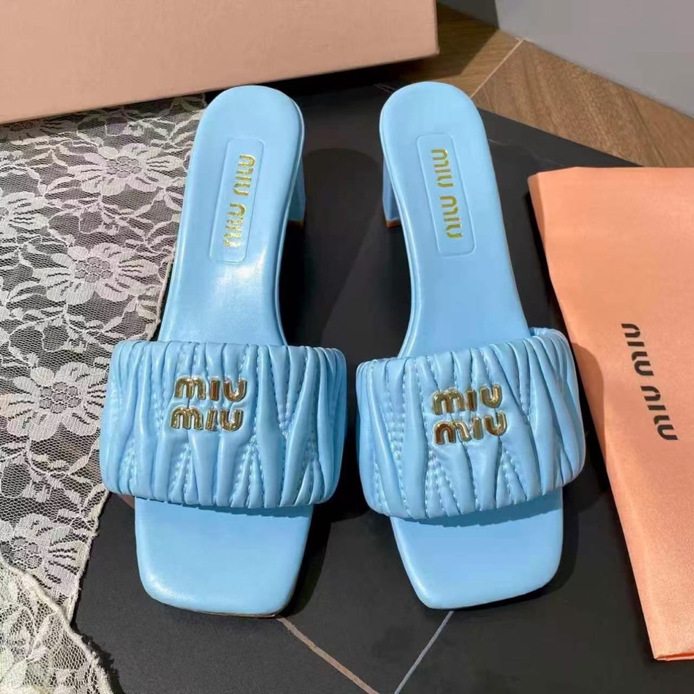 Miu Miu Light Blue Ruched Leather Block Heel Slide Sandals Gold Logo